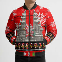 Indonesia Christmas Bomber Puffer Jacket with Santa Temple Snowflakes and Red Candy Cane Pattern - Wonder Print Shop