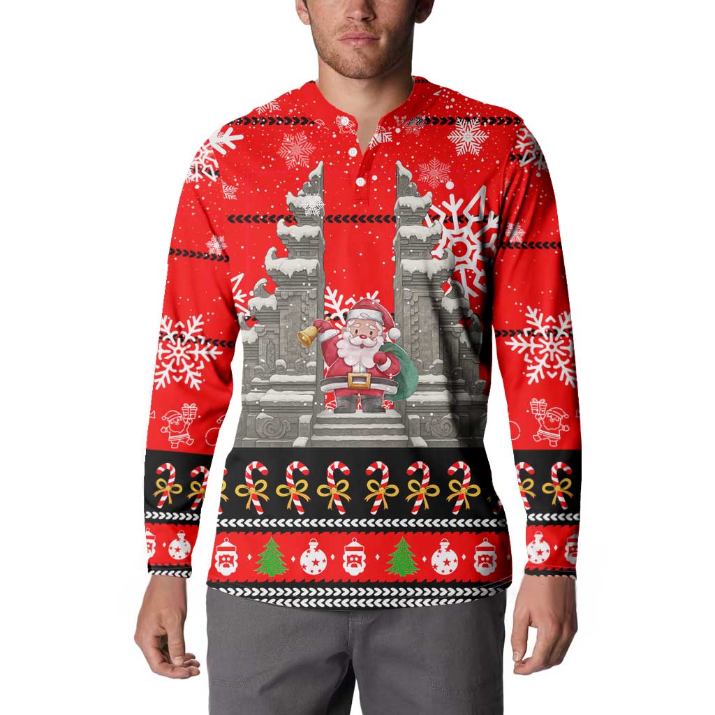 Indonesia Christmas Button Sweatshirt with Santa Temple Snowflakes and Red Candy Cane Pattern - Wonder Print Shop