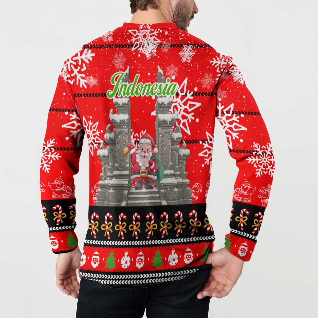 Indonesia Christmas Button Sweatshirt with Santa Temple Snowflakes and Red Candy Cane Pattern - Wonder Print Shop