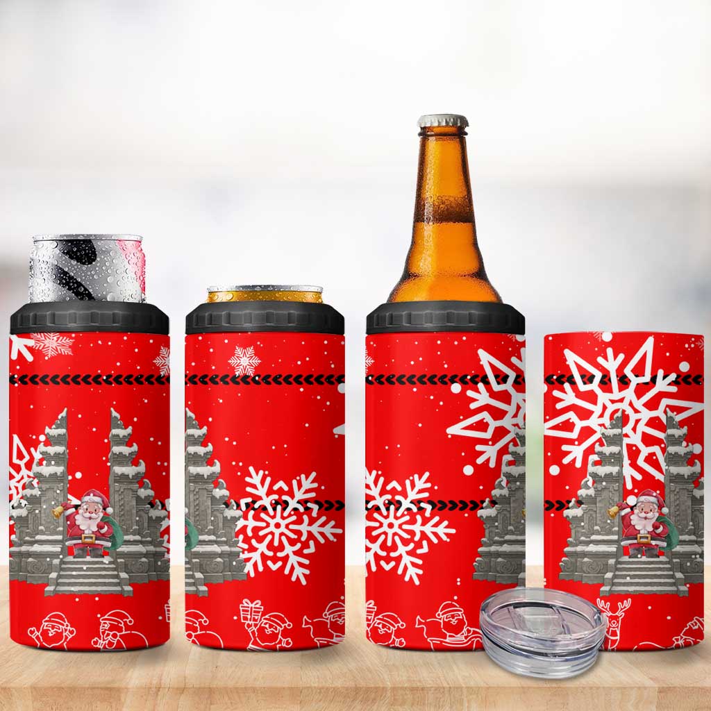 Indonesia Christmas 4 in 1 Can Cooler Tumbler with Santa Temple Snowflakes and Red Candy Cane Pattern - Wonder Print Shop