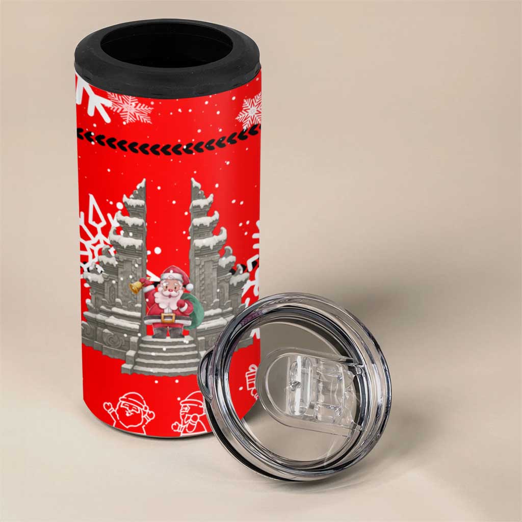 Indonesia Christmas 4 in 1 Can Cooler Tumbler with Santa Temple Snowflakes and Red Candy Cane Pattern - Wonder Print Shop
