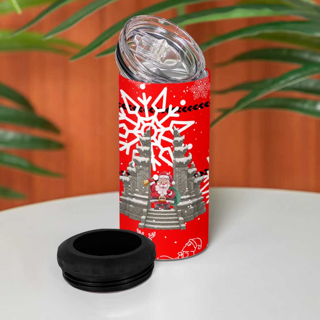 Indonesia Christmas 4 in 1 Can Cooler Tumbler with Santa Temple Snowflakes and Red Candy Cane Pattern - Wonder Print Shop