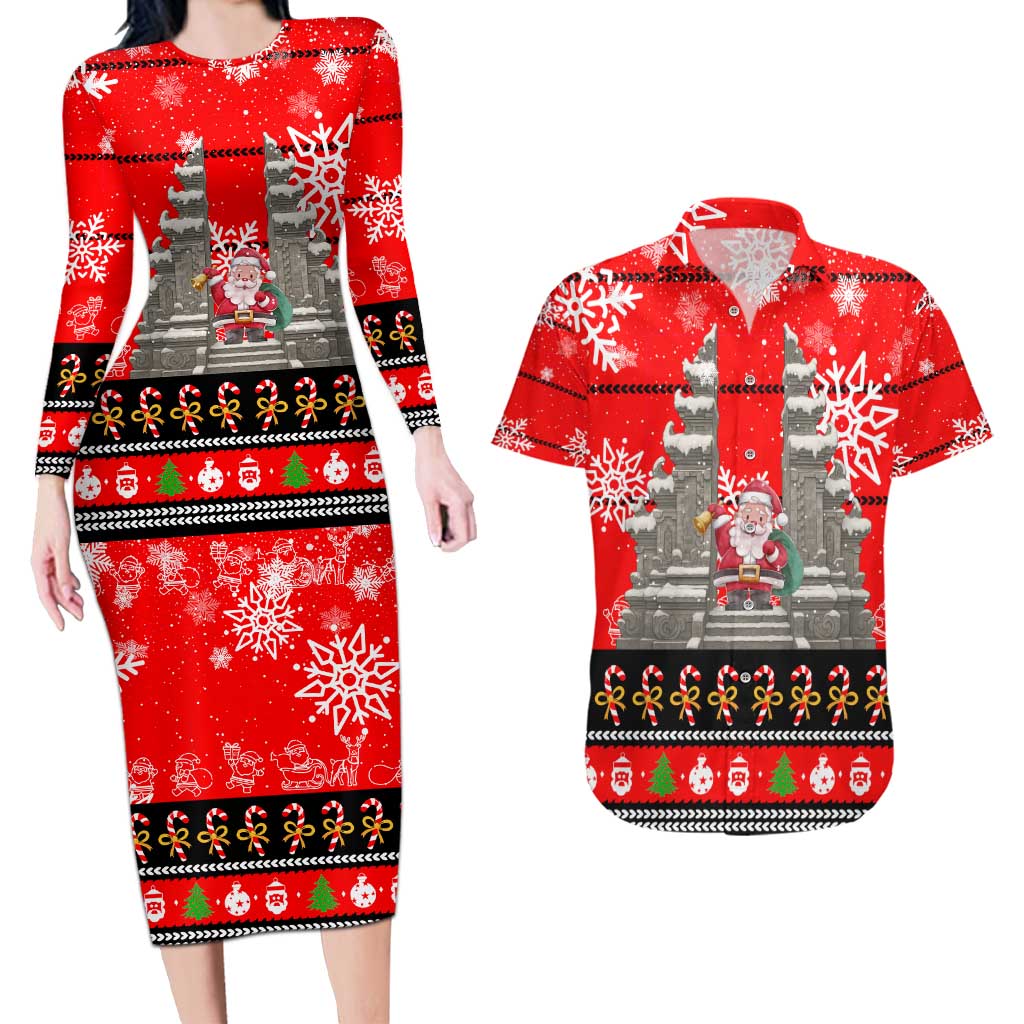 Indonesia Christmas Couples Matching Long Sleeve Bodycon Dress and Hawaiian Shirt with Santa Temple Snowflakes and Red Candy Cane Pattern - Wonder Print Shop