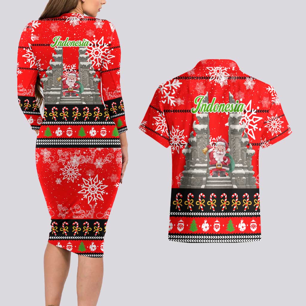 Indonesia Christmas Couples Matching Long Sleeve Bodycon Dress and Hawaiian Shirt with Santa Temple Snowflakes and Red Candy Cane Pattern - Wonder Print Shop