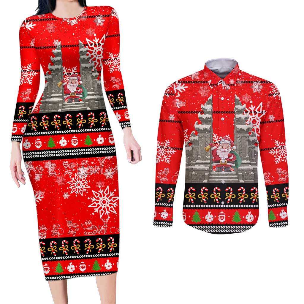 Indonesia Christmas Couples Matching Long Sleeve Bodycon Dress and Long Sleeve Button Shirt with Santa Temple Snowflakes and Red Candy Cane Pattern - Wonder Print Shop