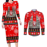 Indonesia Christmas Couples Matching Long Sleeve Bodycon Dress and Long Sleeve Button Shirt with Santa Temple Snowflakes and Red Candy Cane Pattern - Wonder Print Shop