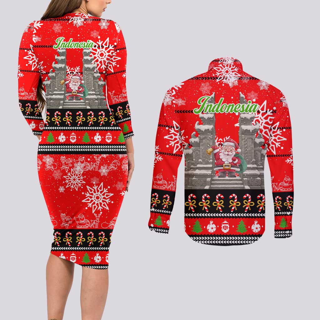 Indonesia Christmas Couples Matching Long Sleeve Bodycon Dress and Long Sleeve Button Shirt with Santa Temple Snowflakes and Red Candy Cane Pattern - Wonder Print Shop