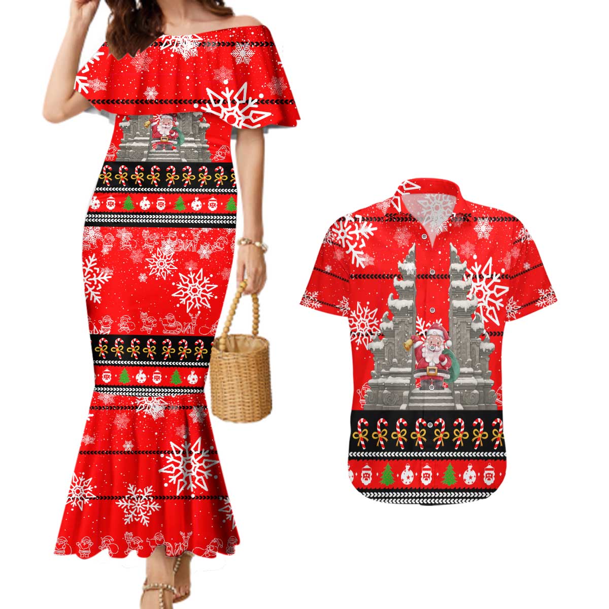 Indonesia Christmas Couples Matching Mermaid Dress and Hawaiian Shirt with Santa Temple Snowflakes and Red Candy Cane Pattern - Wonder Print Shop