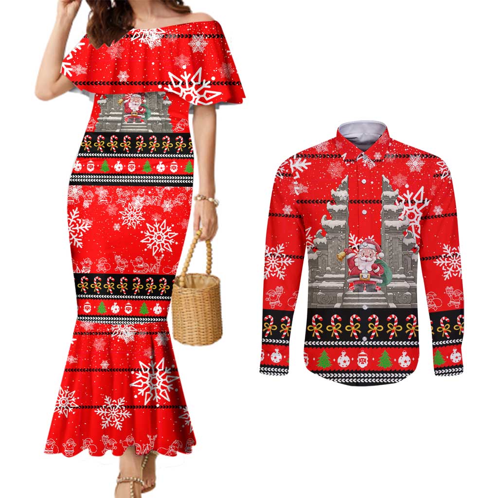 Indonesia Christmas Couples Matching Mermaid Dress and Long Sleeve Button Shirt with Santa Temple Snowflakes and Red Candy Cane Pattern - Wonder Print Shop