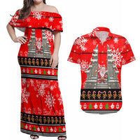 Indonesia Christmas Couples Matching Off Shoulder Maxi Dress and Hawaiian Shirt with Santa Temple Snowflakes and Red Candy Cane Pattern - Wonder Print Shop