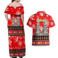 Indonesia Christmas Couples Matching Off Shoulder Maxi Dress and Hawaiian Shirt with Santa Temple Snowflakes and Red Candy Cane Pattern - Wonder Print Shop