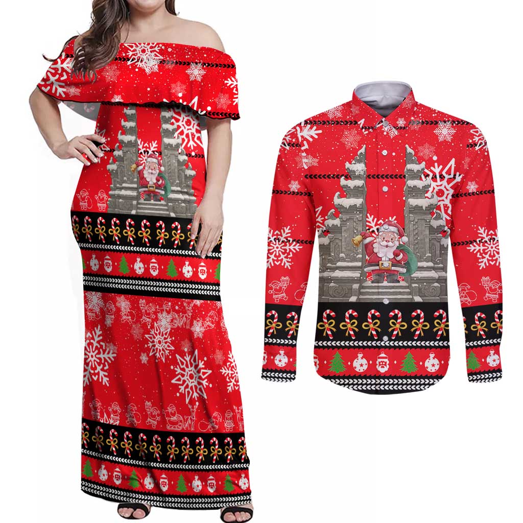 Indonesia Christmas Couples Matching Off Shoulder Maxi Dress and Long Sleeve Button Shirt with Santa Temple Snowflakes and Red Candy Cane Pattern - Wonder Print Shop
