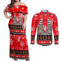 Indonesia Christmas Couples Matching Off Shoulder Maxi Dress and Long Sleeve Button Shirt with Santa Temple Snowflakes and Red Candy Cane Pattern - Wonder Print Shop