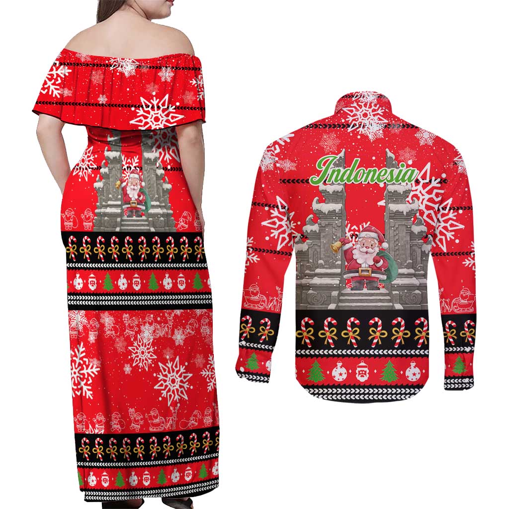 Indonesia Christmas Couples Matching Off Shoulder Maxi Dress and Long Sleeve Button Shirt with Santa Temple Snowflakes and Red Candy Cane Pattern - Wonder Print Shop