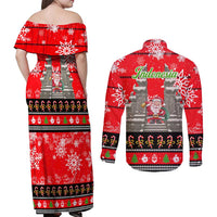Indonesia Christmas Couples Matching Off Shoulder Maxi Dress and Long Sleeve Button Shirt with Santa Temple Snowflakes and Red Candy Cane Pattern - Wonder Print Shop