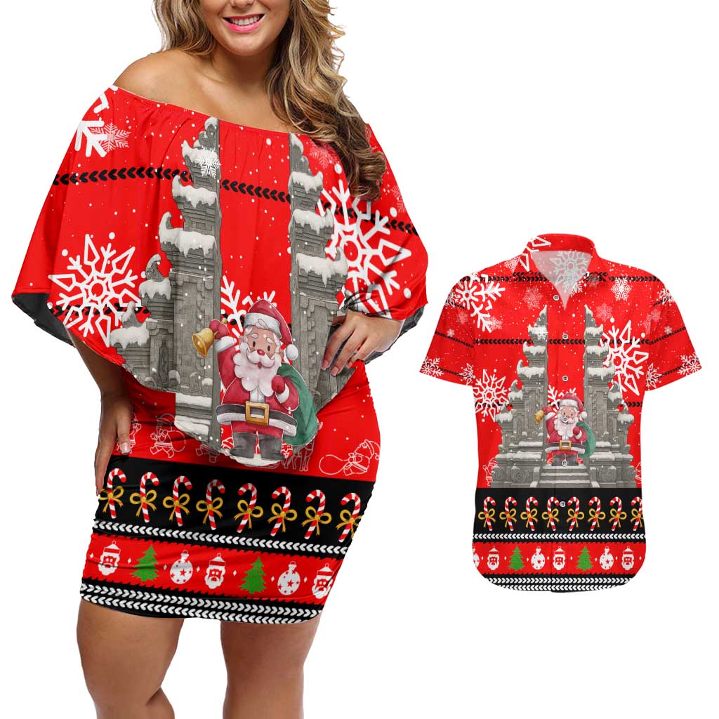 Indonesia Christmas Couples Matching Off Shoulder Short Dress and Hawaiian Shirt with Santa Temple Snowflakes and Red Candy Cane Pattern - Wonder Print Shop