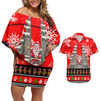 Indonesia Christmas Couples Matching Off Shoulder Short Dress and Hawaiian Shirt with Santa Temple Snowflakes and Red Candy Cane Pattern - Wonder Print Shop
