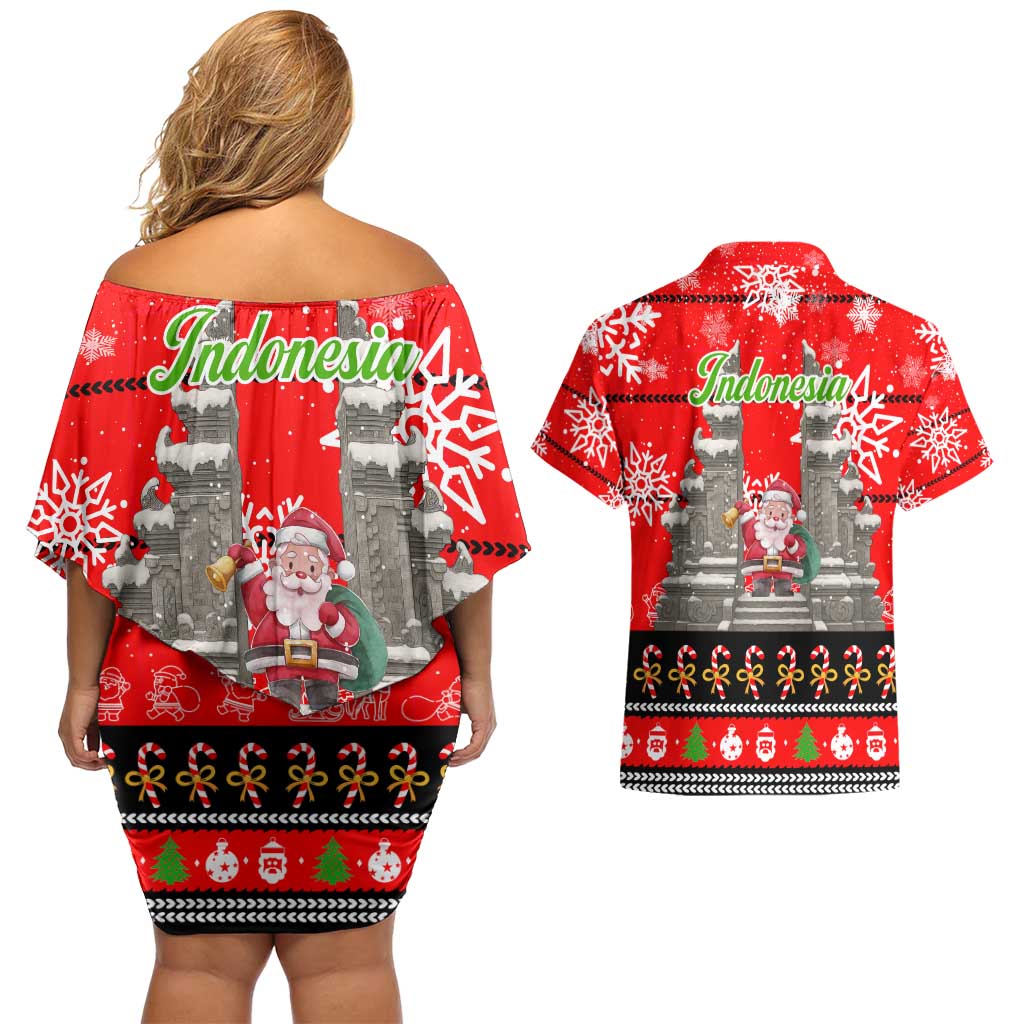 Indonesia Christmas Couples Matching Off Shoulder Short Dress and Hawaiian Shirt with Santa Temple Snowflakes and Red Candy Cane Pattern - Wonder Print Shop
