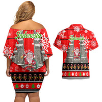 Indonesia Christmas Couples Matching Off Shoulder Short Dress and Hawaiian Shirt with Santa Temple Snowflakes and Red Candy Cane Pattern - Wonder Print Shop