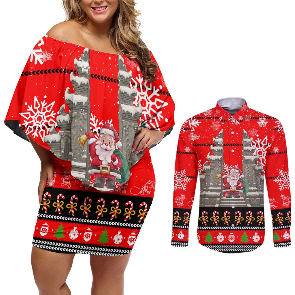 Indonesia Christmas Couples Matching Off Shoulder Short Dress and Long Sleeve Button Shirt with Santa Temple Snowflakes and Red Candy Cane Pattern - Wonder Print Shop