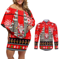Indonesia Christmas Couples Matching Off Shoulder Short Dress and Long Sleeve Button Shirt with Santa Temple Snowflakes and Red Candy Cane Pattern - Wonder Print Shop