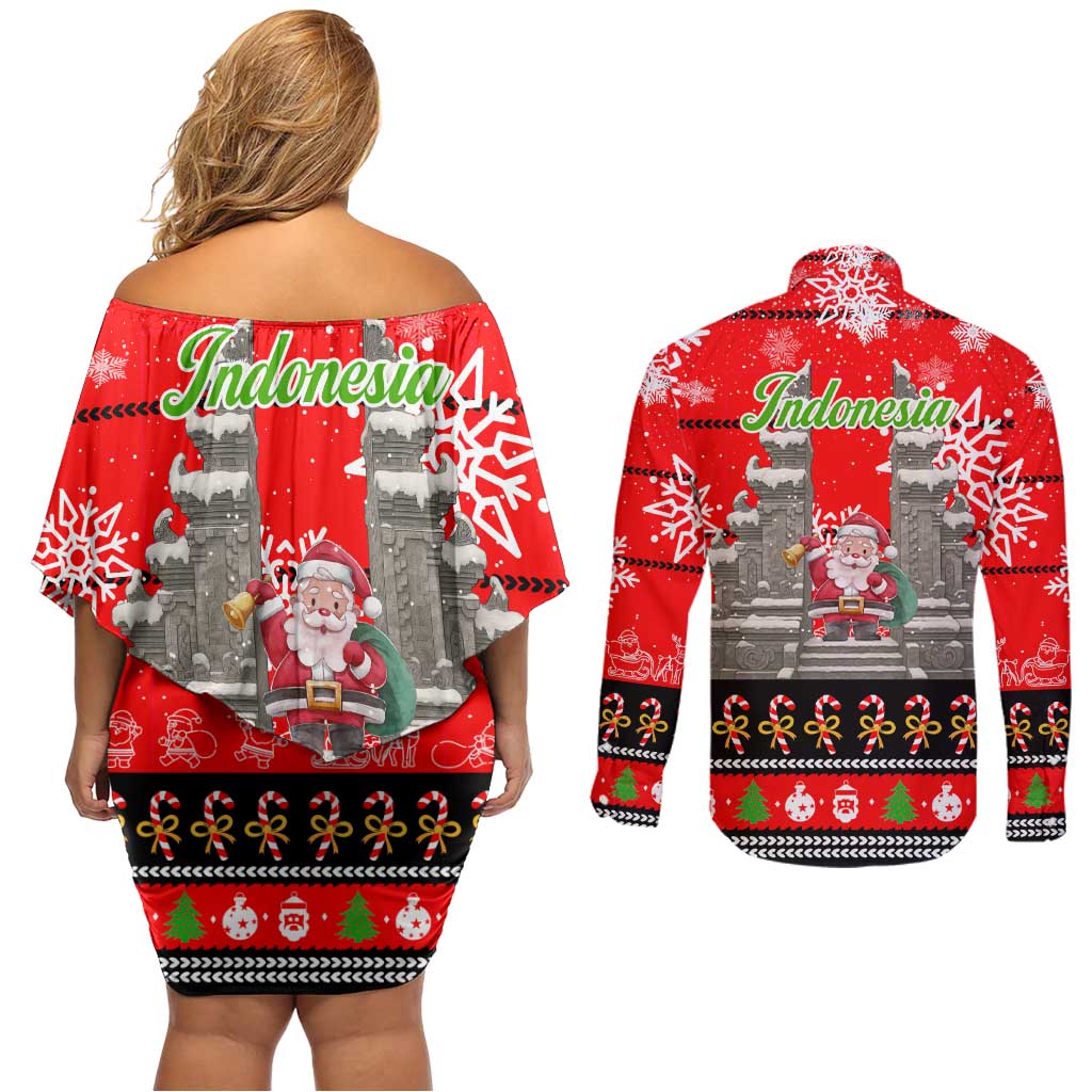 Indonesia Christmas Couples Matching Off Shoulder Short Dress and Long Sleeve Button Shirt with Santa Temple Snowflakes and Red Candy Cane Pattern - Wonder Print Shop