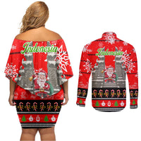 Indonesia Christmas Couples Matching Off Shoulder Short Dress and Long Sleeve Button Shirt with Santa Temple Snowflakes and Red Candy Cane Pattern - Wonder Print Shop