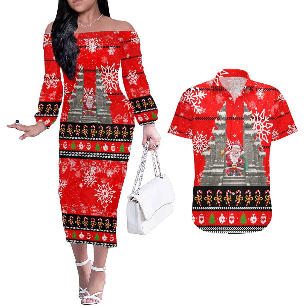 Indonesia Christmas Couples Matching Off The Shoulder Long Sleeve Dress and Hawaiian Shirt with Santa Temple Snowflakes and Red Candy Cane Pattern - Wonder Print Shop