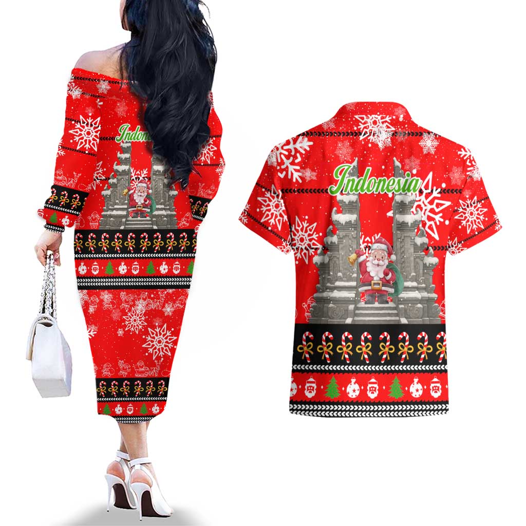 Indonesia Christmas Couples Matching Off The Shoulder Long Sleeve Dress and Hawaiian Shirt with Santa Temple Snowflakes and Red Candy Cane Pattern - Wonder Print Shop