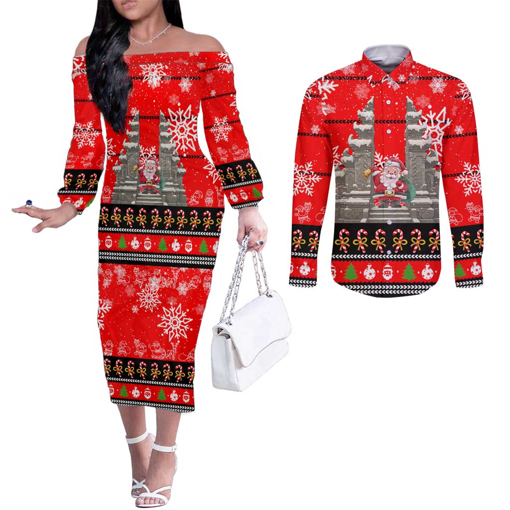 Indonesia Christmas Couples Matching Off The Shoulder Long Sleeve Dress and Long Sleeve Button Shirt with Santa Temple Snowflakes and Red Candy Cane Pattern - Wonder Print Shop