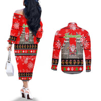 Indonesia Christmas Couples Matching Off The Shoulder Long Sleeve Dress and Long Sleeve Button Shirt with Santa Temple Snowflakes and Red Candy Cane Pattern - Wonder Print Shop