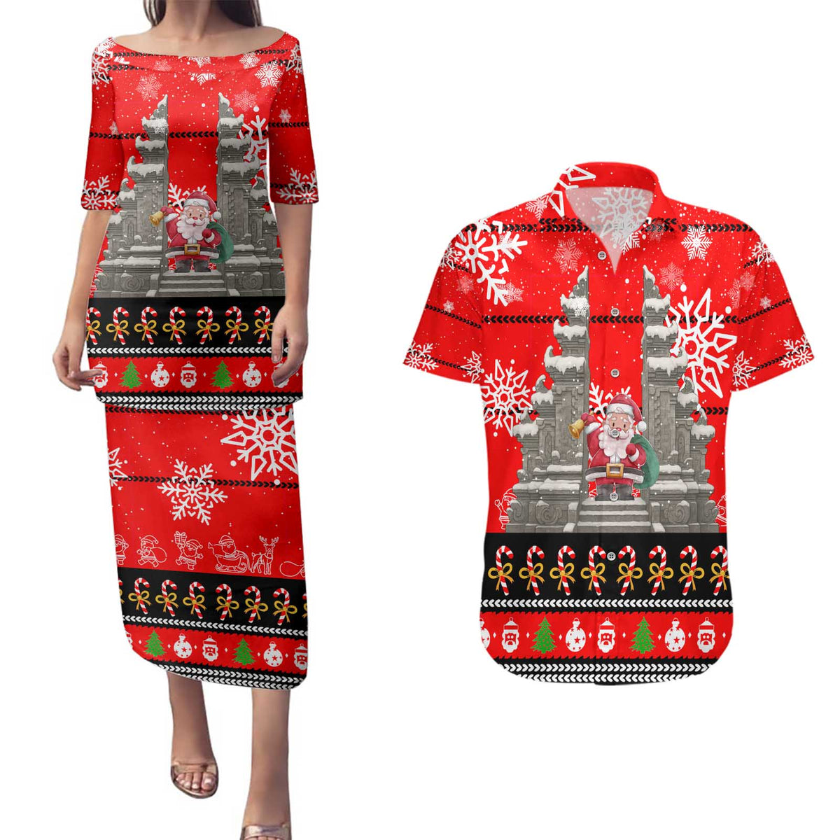 Indonesia Christmas Couples Matching Puletasi and Hawaiian Shirt with Santa Temple Snowflakes and Red Candy Cane Pattern - Wonder Print Shop