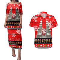 Indonesia Christmas Couples Matching Puletasi and Hawaiian Shirt with Santa Temple Snowflakes and Red Candy Cane Pattern - Wonder Print Shop