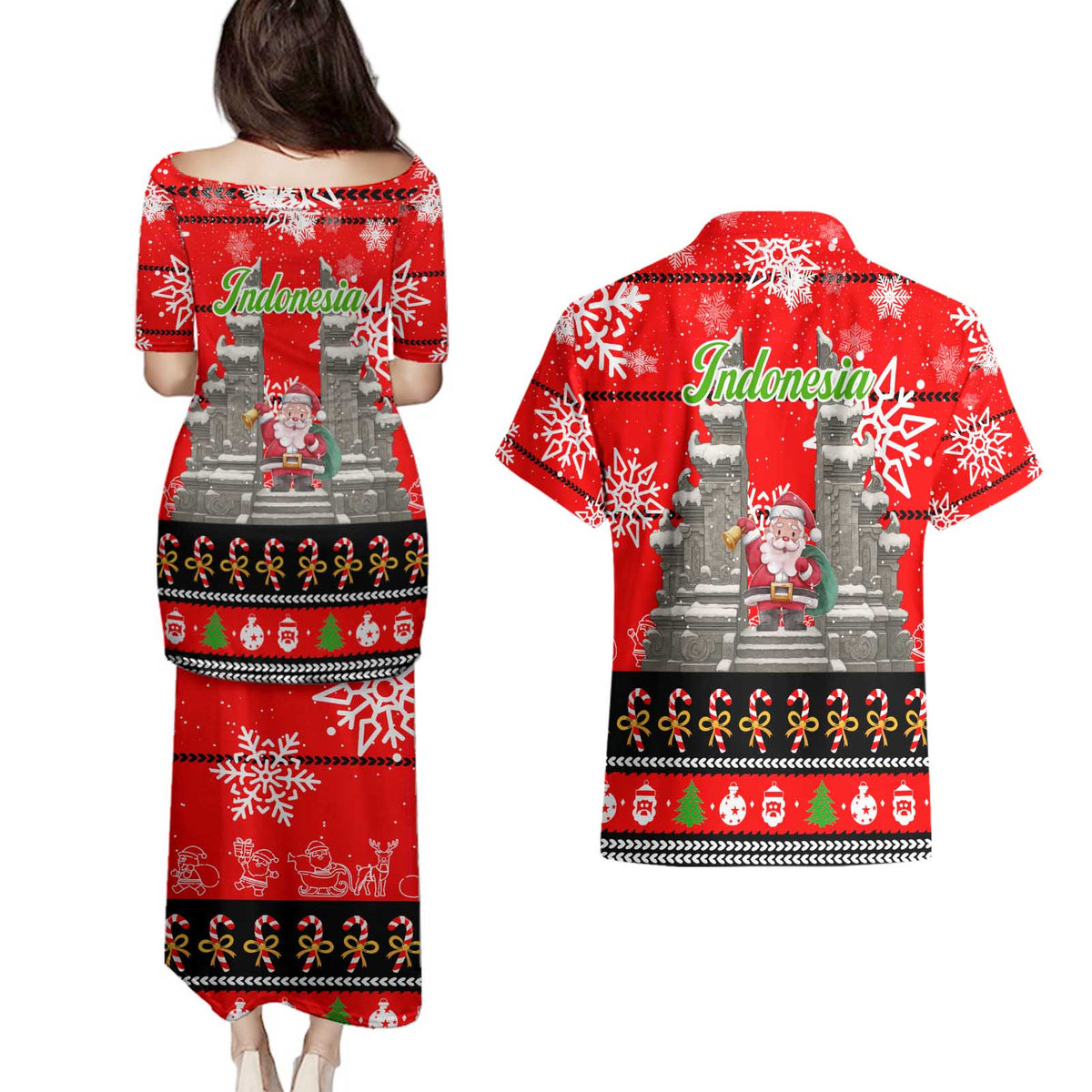 Indonesia Christmas Couples Matching Puletasi and Hawaiian Shirt with Santa Temple Snowflakes and Red Candy Cane Pattern - Wonder Print Shop