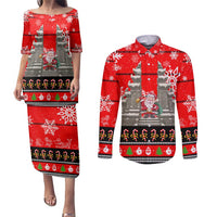 Indonesia Christmas Couples Matching Puletasi and Long Sleeve Button Shirt with Santa Temple Snowflakes and Red Candy Cane Pattern - Wonder Print Shop