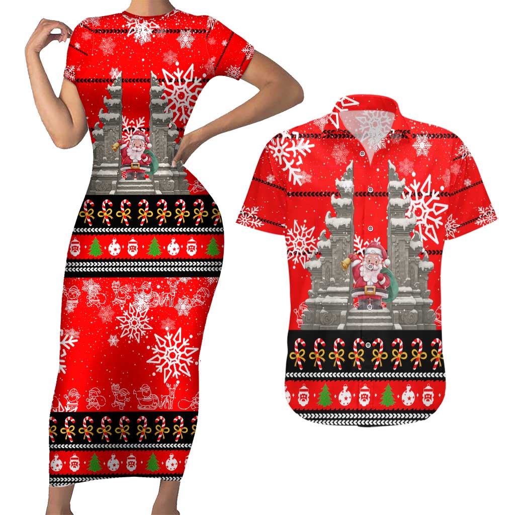Indonesia Christmas Couples Matching Short Sleeve Bodycon Dress and Hawaiian Shirt with Santa Temple Snowflakes and Red Candy Cane Pattern - Wonder Print Shop