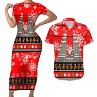Indonesia Christmas Couples Matching Short Sleeve Bodycon Dress and Hawaiian Shirt with Santa Temple Snowflakes and Red Candy Cane Pattern - Wonder Print Shop