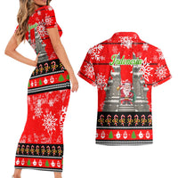 Indonesia Christmas Couples Matching Short Sleeve Bodycon Dress and Hawaiian Shirt with Santa Temple Snowflakes and Red Candy Cane Pattern - Wonder Print Shop