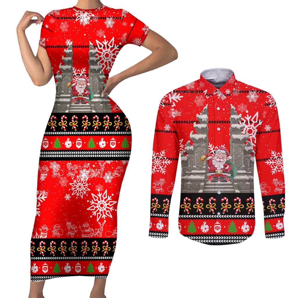 Indonesia Christmas Couples Matching Short Sleeve Bodycon Dress and Long Sleeve Button Shirt with Santa Temple Snowflakes and Red Candy Cane Pattern - Wonder Print Shop