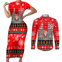 Indonesia Christmas Couples Matching Short Sleeve Bodycon Dress and Long Sleeve Button Shirt with Santa Temple Snowflakes and Red Candy Cane Pattern - Wonder Print Shop