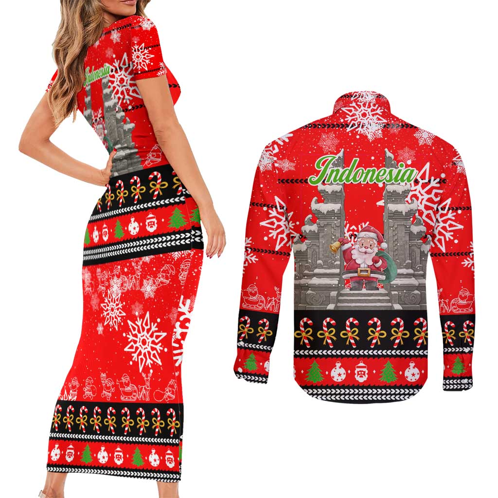 Indonesia Christmas Couples Matching Short Sleeve Bodycon Dress and Long Sleeve Button Shirt with Santa Temple Snowflakes and Red Candy Cane Pattern - Wonder Print Shop