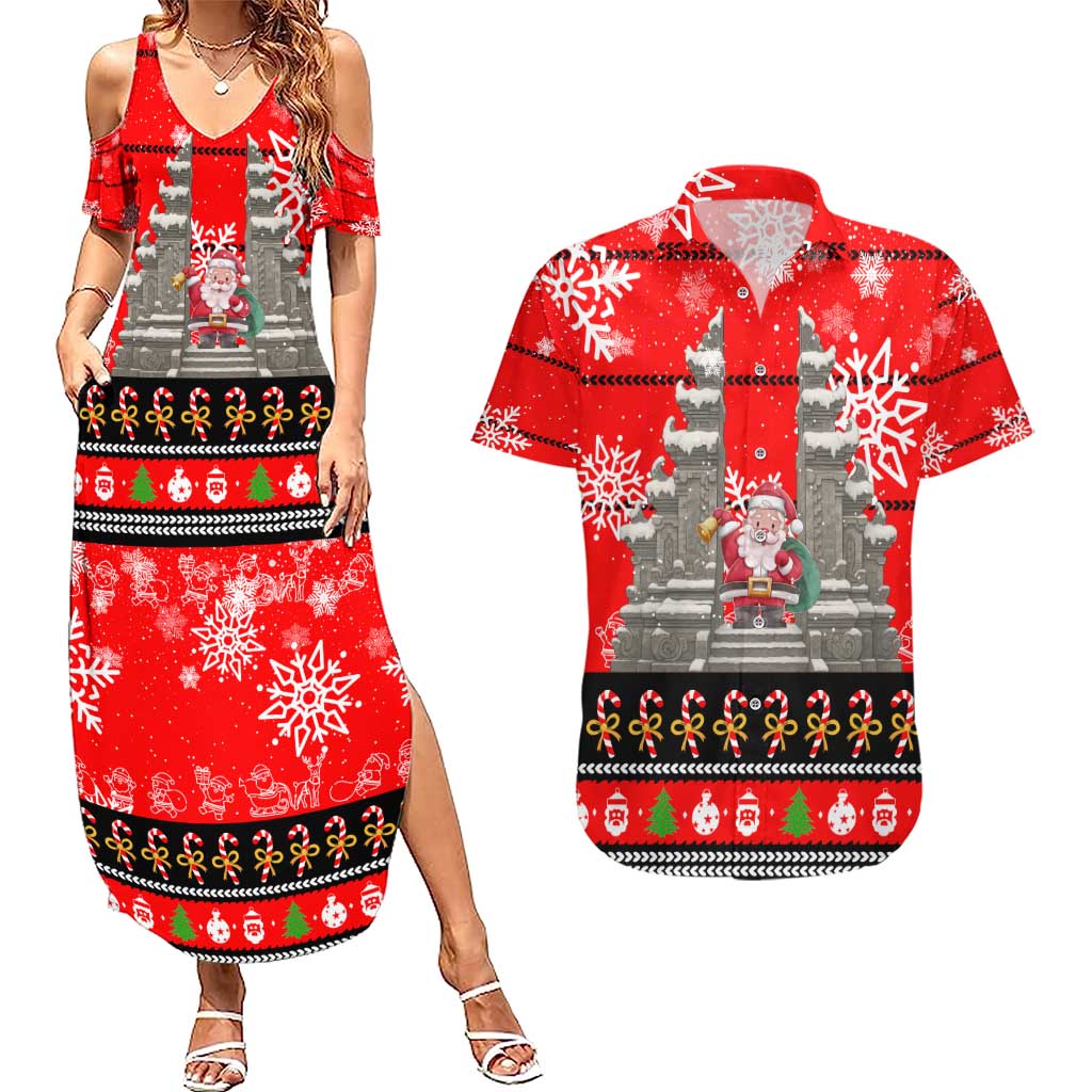 Indonesia Christmas Couples Matching Summer Maxi Dress and Hawaiian Shirt with Santa Temple Snowflakes and Red Candy Cane Pattern - Wonder Print Shop