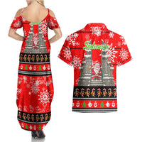Indonesia Christmas Couples Matching Summer Maxi Dress and Hawaiian Shirt with Santa Temple Snowflakes and Red Candy Cane Pattern - Wonder Print Shop