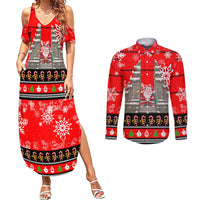 Indonesia Christmas Couples Matching Summer Maxi Dress and Long Sleeve Button Shirt with Santa Temple Snowflakes and Red Candy Cane Pattern - Wonder Print Shop