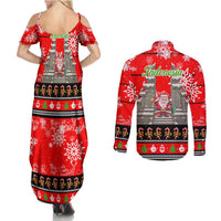 Indonesia Christmas Couples Matching Summer Maxi Dress and Long Sleeve Button Shirt with Santa Temple Snowflakes and Red Candy Cane Pattern - Wonder Print Shop