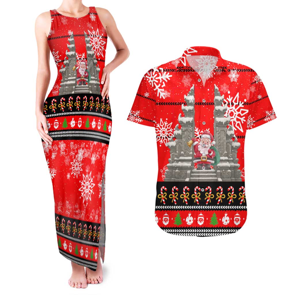 Indonesia Christmas Couples Matching Tank Maxi Dress and Hawaiian Shirt with Santa Temple Snowflakes and Red Candy Cane Pattern - Wonder Print Shop