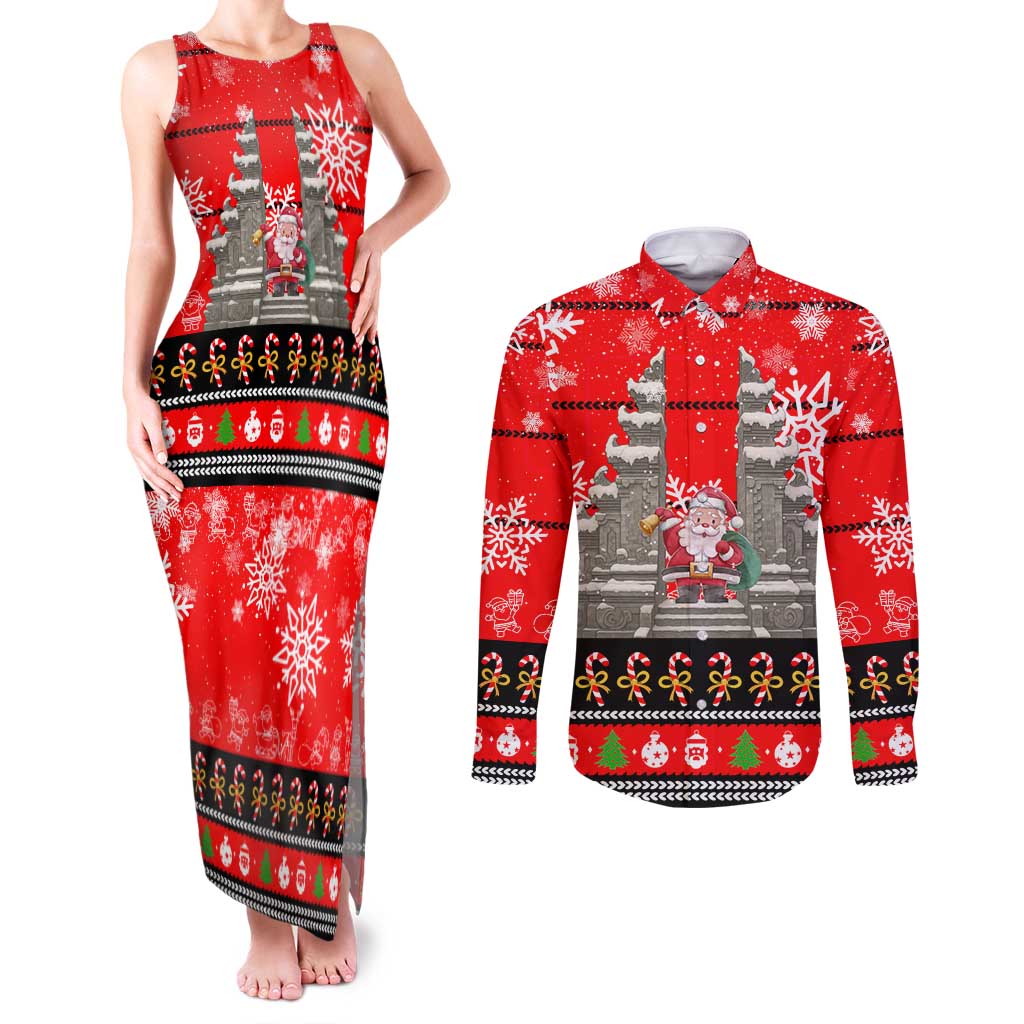 Indonesia Christmas Couples Matching Tank Maxi Dress and Long Sleeve Button Shirt with Santa Temple Snowflakes and Red Candy Cane Pattern - Wonder Print Shop