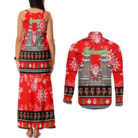 Indonesia Christmas Couples Matching Tank Maxi Dress and Long Sleeve Button Shirt with Santa Temple Snowflakes and Red Candy Cane Pattern - Wonder Print Shop