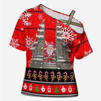 Indonesia Christmas Cross Shoulder Shirt with Santa Temple Snowflakes and Red Candy Cane Pattern - Wonder Print Shop