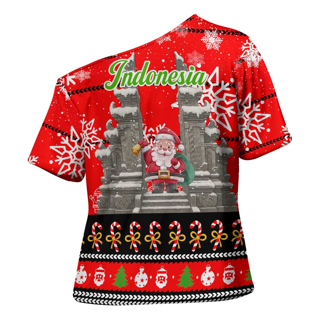 Indonesia Christmas Cross Shoulder Shirt with Santa Temple Snowflakes and Red Candy Cane Pattern - Wonder Print Shop